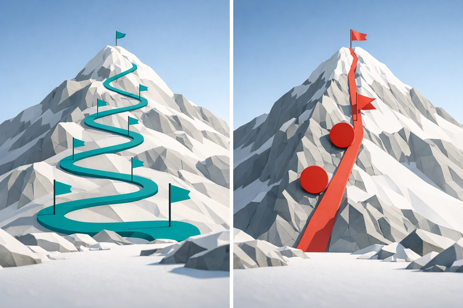 Two paths up mountain comparing debt snowball vs avalanche repayment strategies