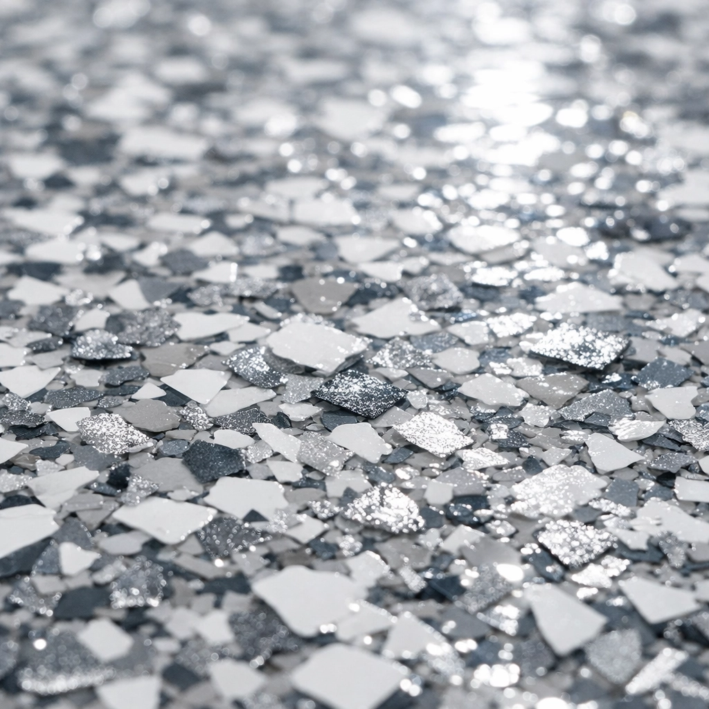 Clear polyaspartic topcoat over a gray decorative flake concrete floor showing clean texture.