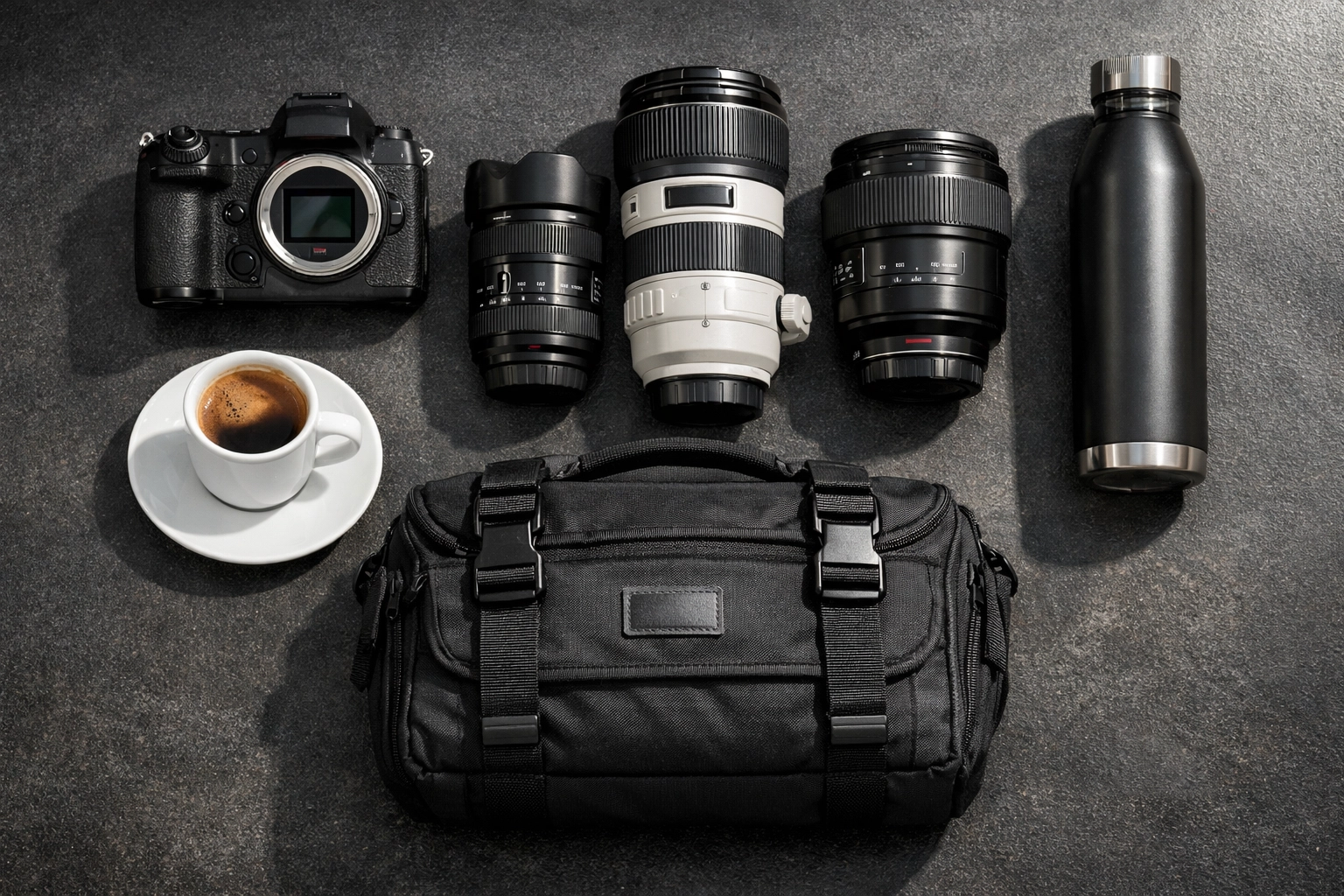 Essential gear for a professional Miami photographer including camera lenses and a Cuban cafecito.