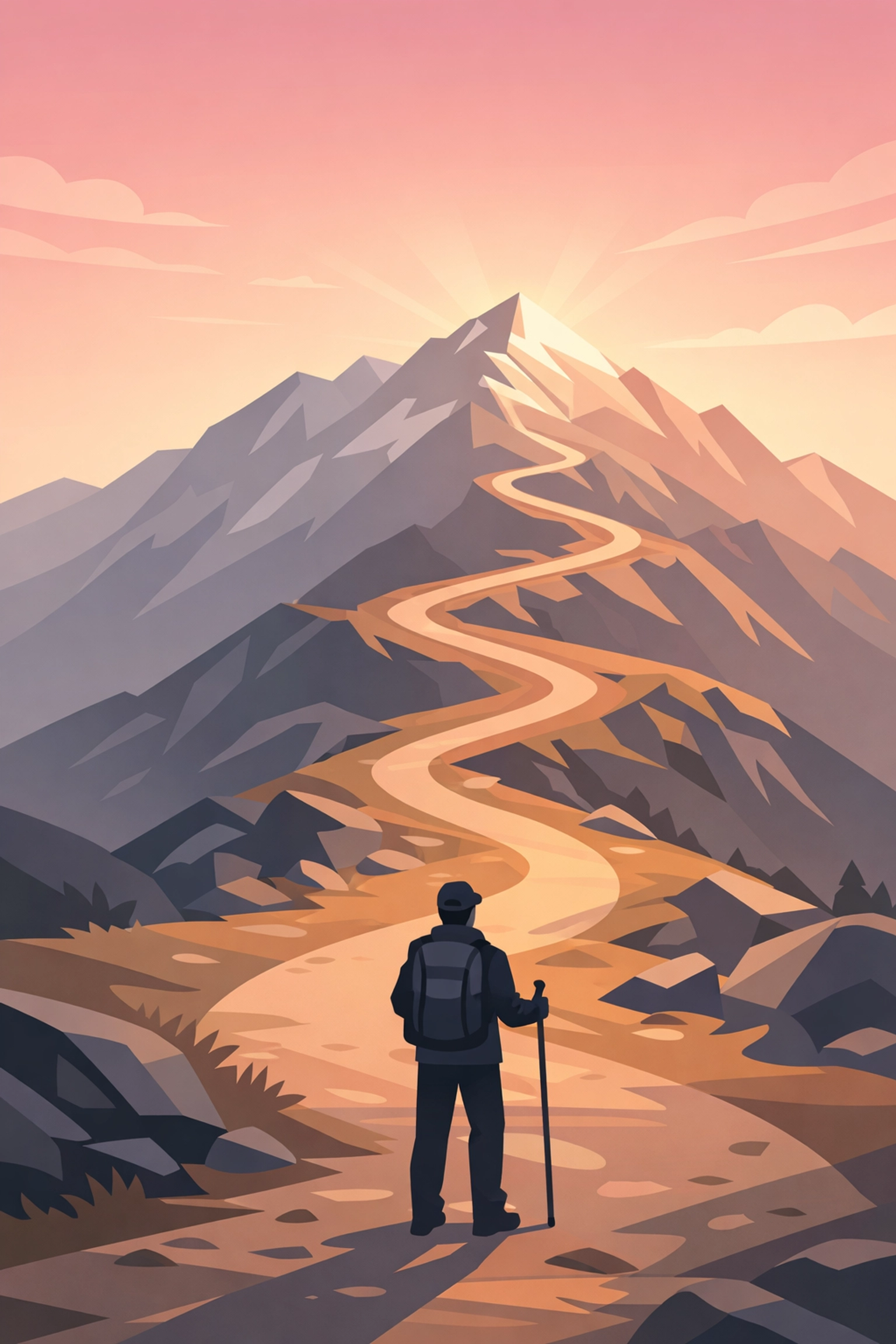 Person beginning faith journey up mountain path symbolizing Christian perseverance