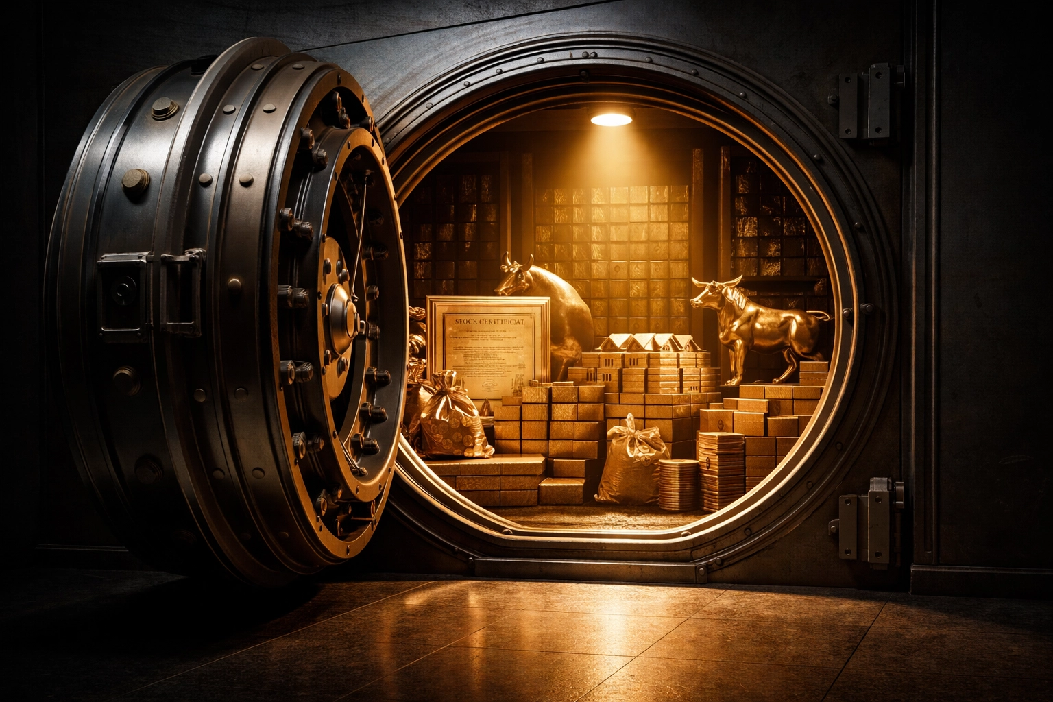 Institutional vault glowing with investment symbols, highlighting wealth preservation and capital allocation planning