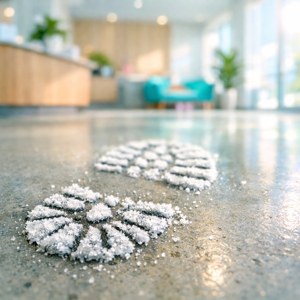 Close-up of white salt residue from a winter boot on a commercial concrete lobby floor.