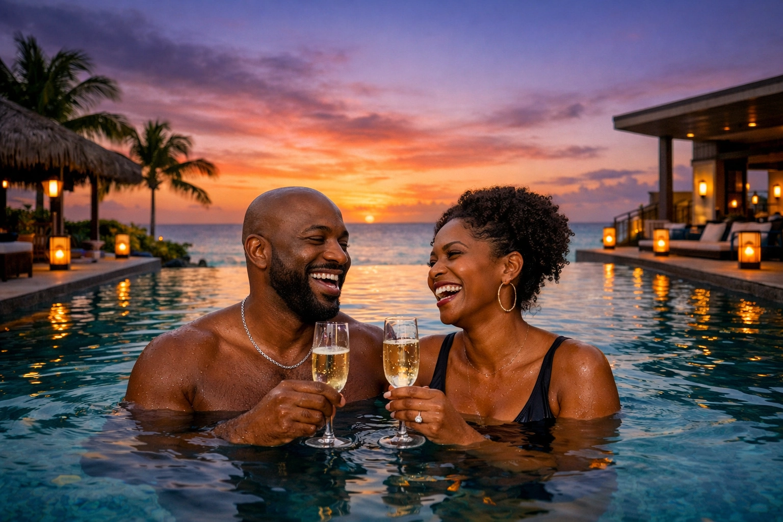 Couple enjoying a luxury lifestyle resorts booking at a Caribbean infinity pool during sunset.