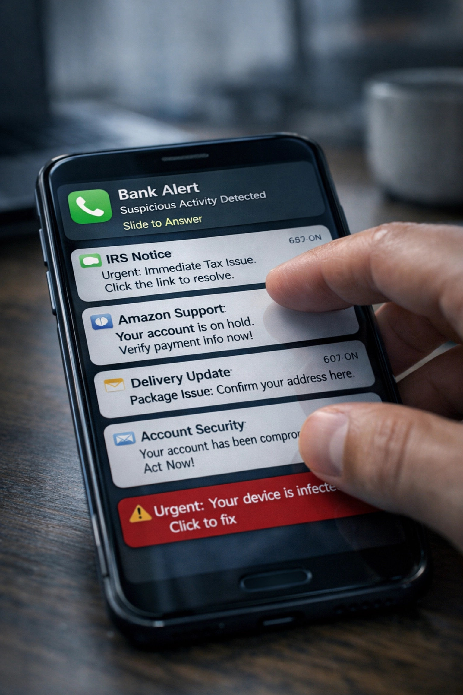 The AI Scam Explosion: Why 79% of Americans Can't Tell Real from Fake Anymore 1 Person hesitating over smartphone displaying multiple AI-generated scam messages and notifications