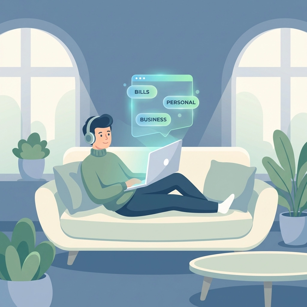 Relaxed person using a laptop in a tidy living room, showing the ease of managing business mail digitally.
