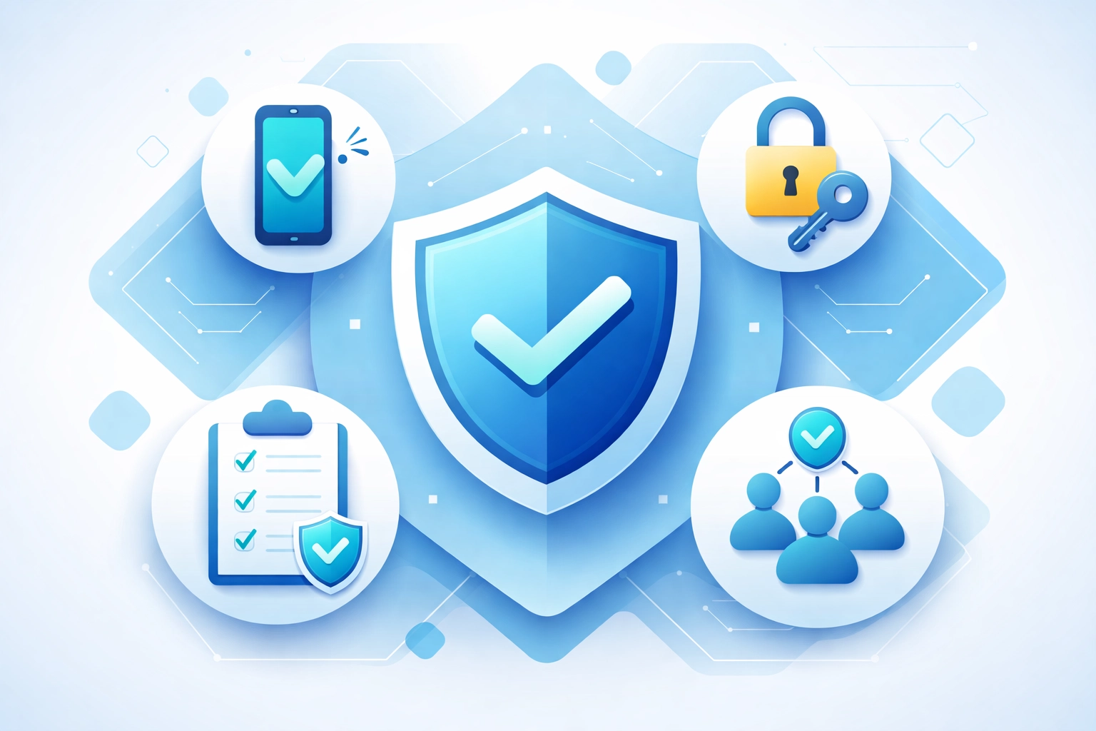 Shield surrounded by tech security icons, illustrating cybersecurity protocols for managed IT services in Venice FL.