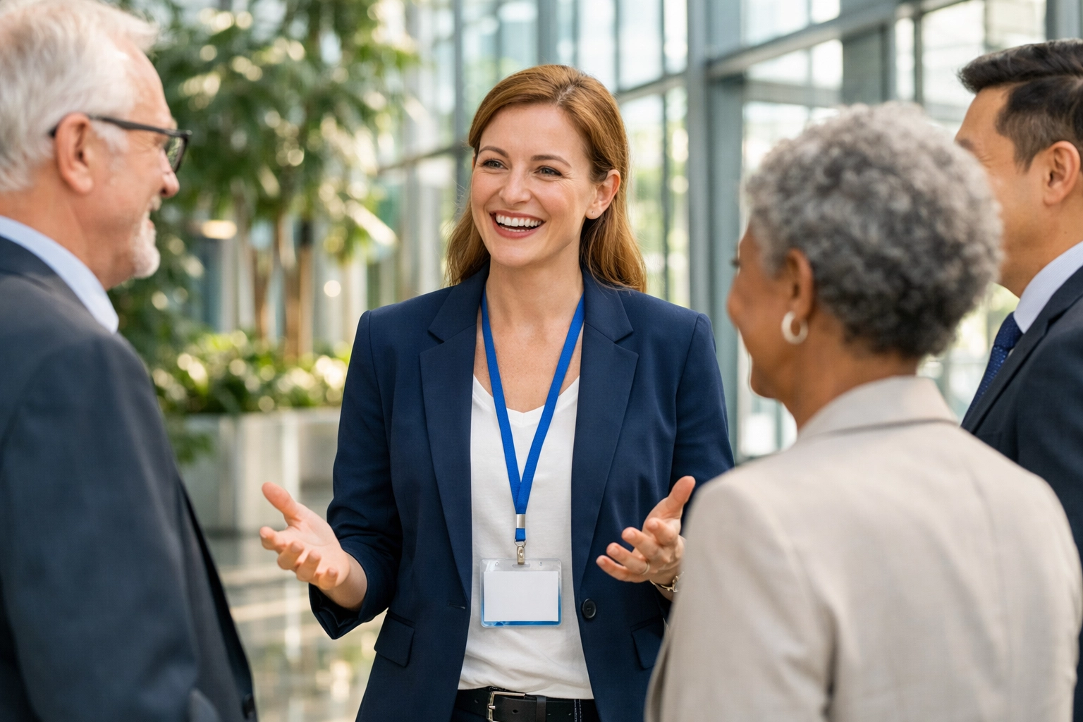 Super Bowl Branding Blitz Secrets Revealed: What Experts Don’t Want You to Know Professional brand ambassador engaging with corporate executives in a modern atrium.