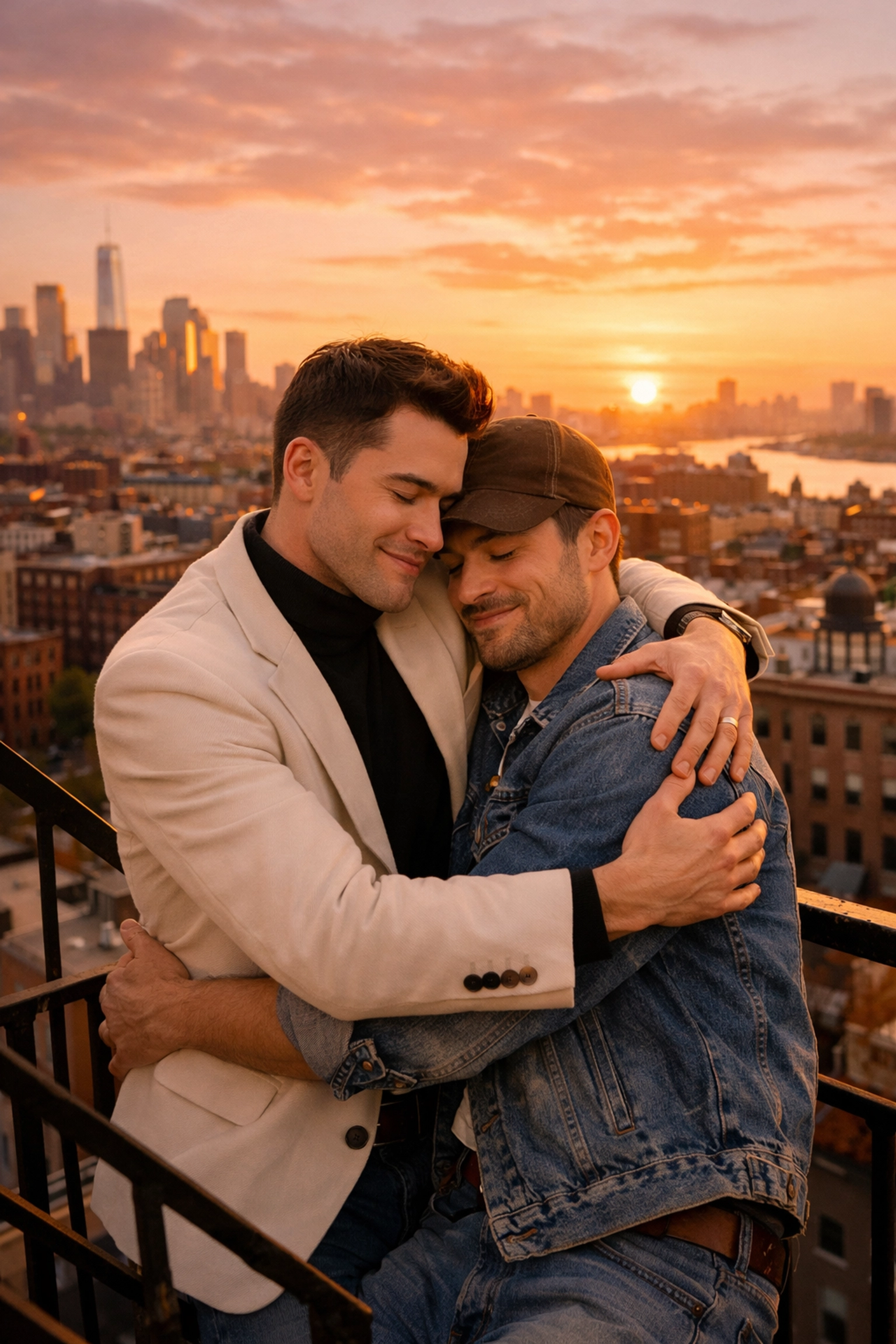 Gay couple embracing on urban rooftop representing love beyond economic class in MM romance