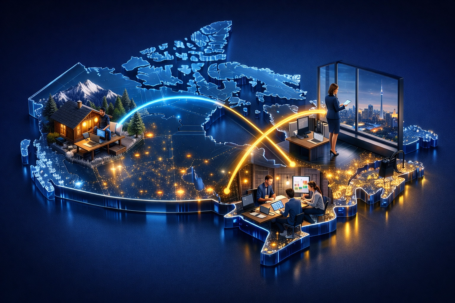 Digital map of Canada showing interconnected remote workers using cloud PBX Canada systems across various provinces.