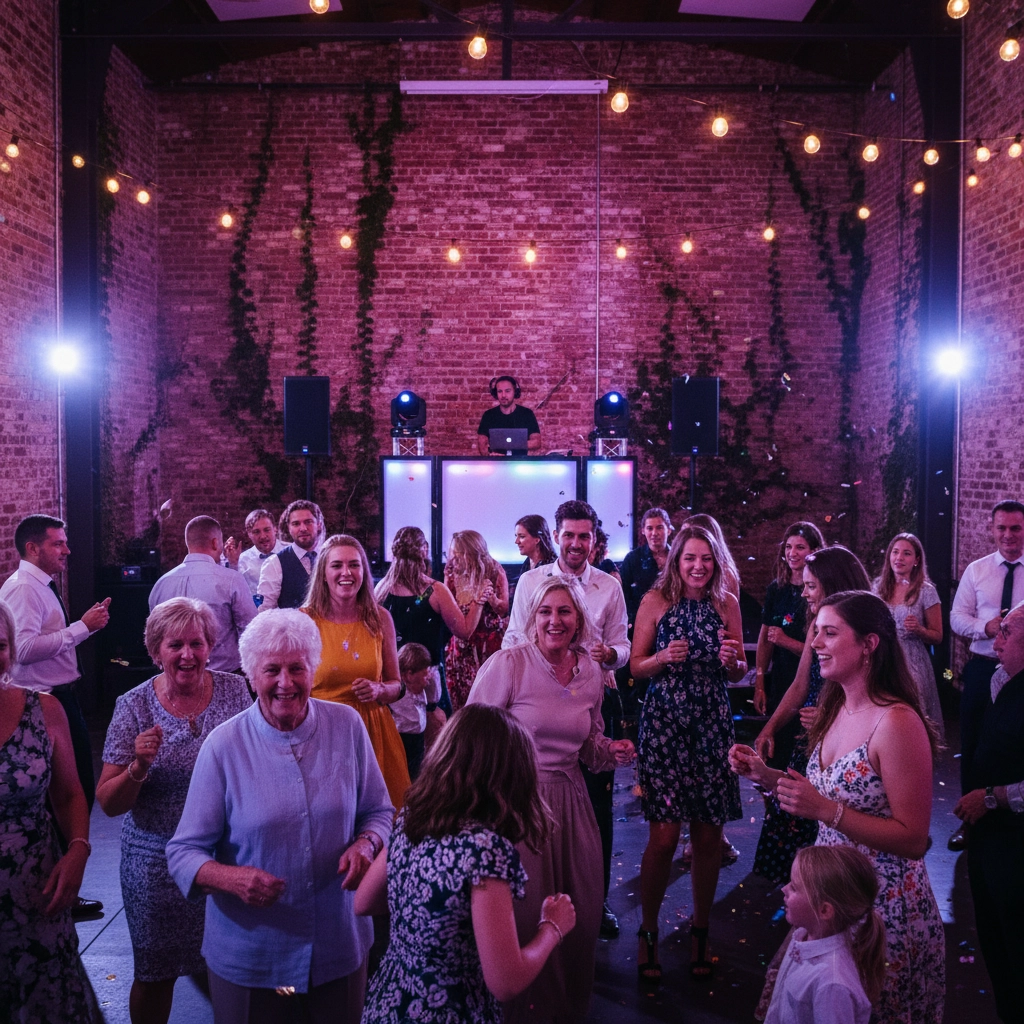 People dance joyfully in a warmly lit brick hall with string lights. A DJ plays music from a lit booth, creating a lively atmosphere.