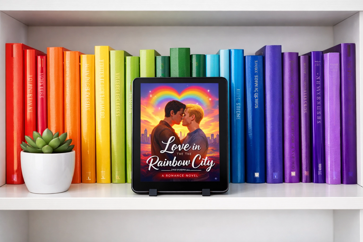Rainbow bookshelf featuring MM romance novels and LGBTQ+ ebooks representing queer stories.