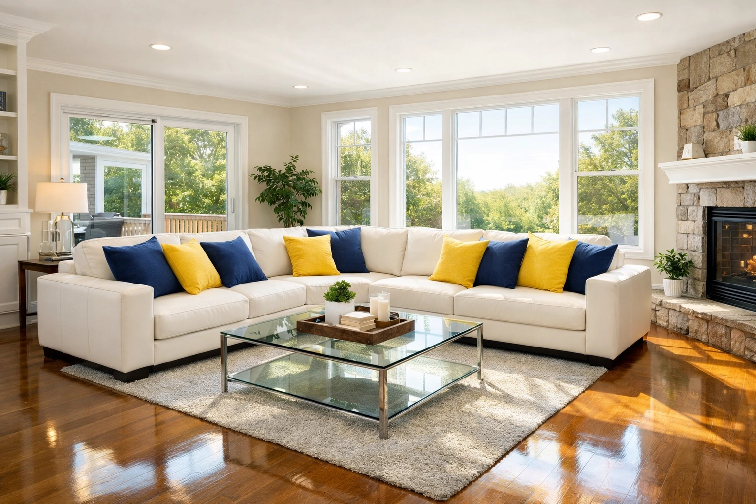 Fresh, sun-drenched living room showcasing eco-friendly house cleaning in Leominster MA for better indoor air quality.