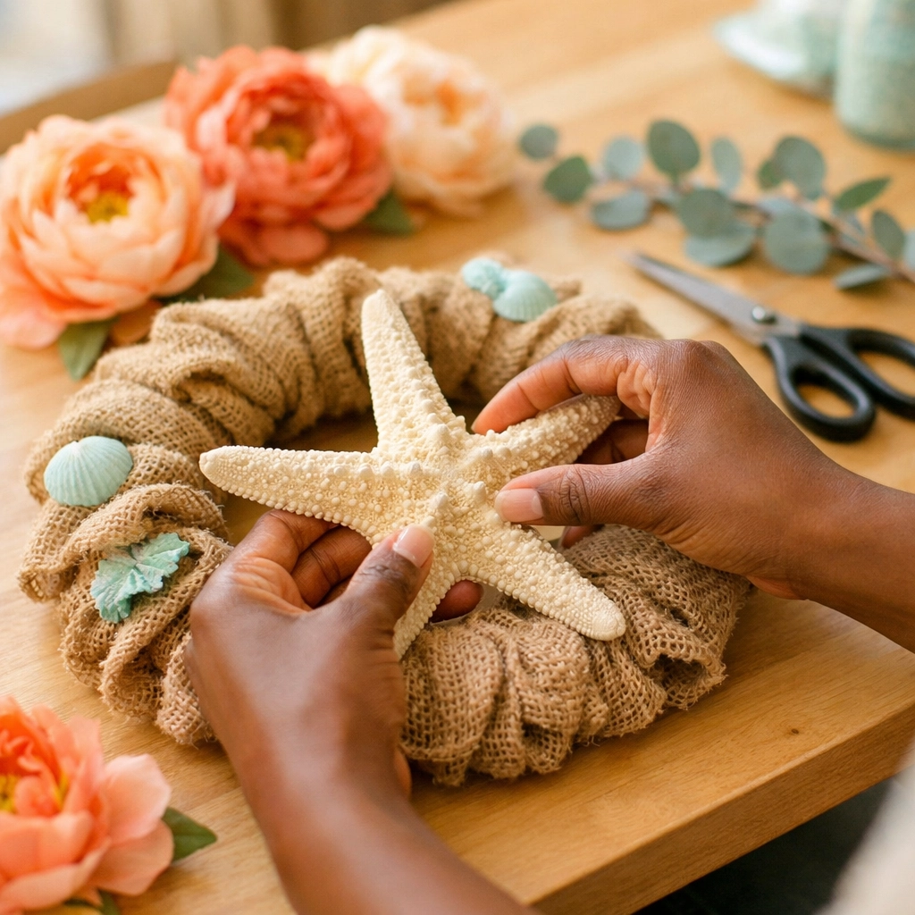 A woman crafting a coastal starfish and burlap wreath with faux peonies at a DC DIY workshop.