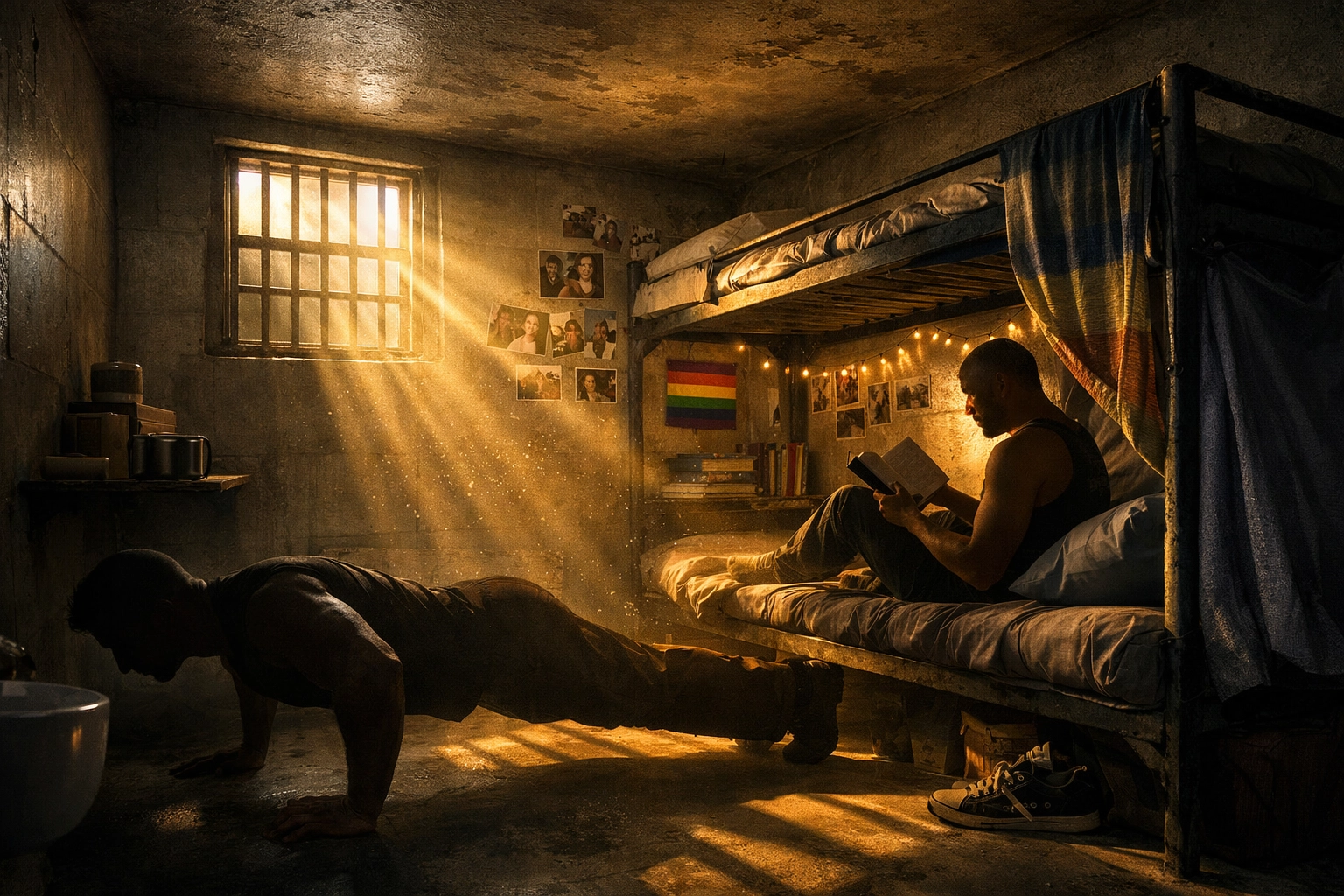 Gay cellmates in a personalized prison cell creating their sanctuary together