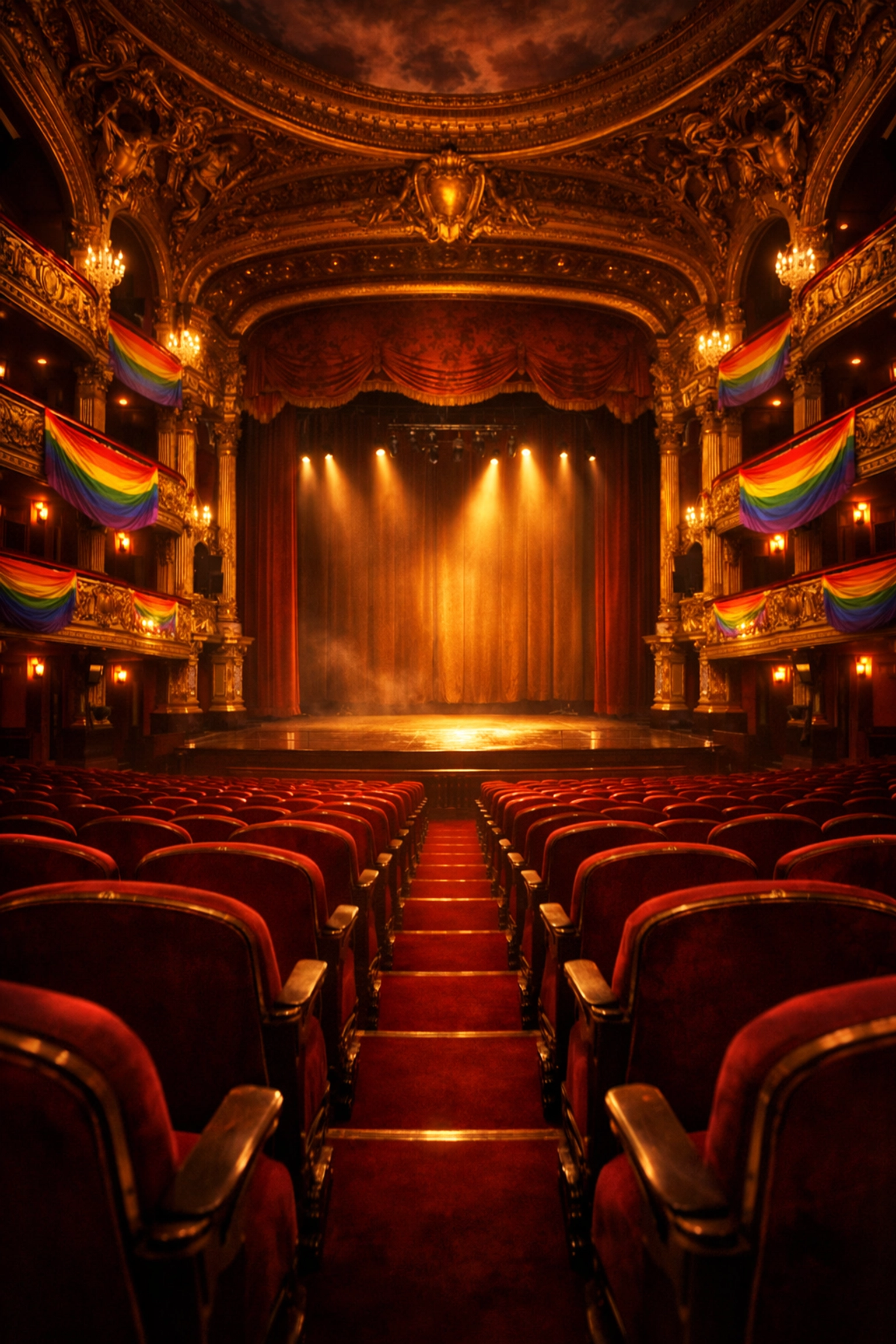 Historic opera house interior with rainbow pride flags celebrating LGBTQ+ safe spaces for gay artists