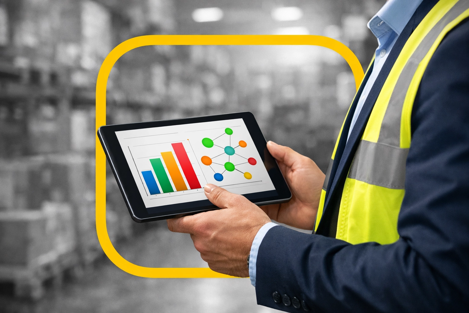 Logistics manager using a tablet for real-time inventory tracking and Amazon account management integration.