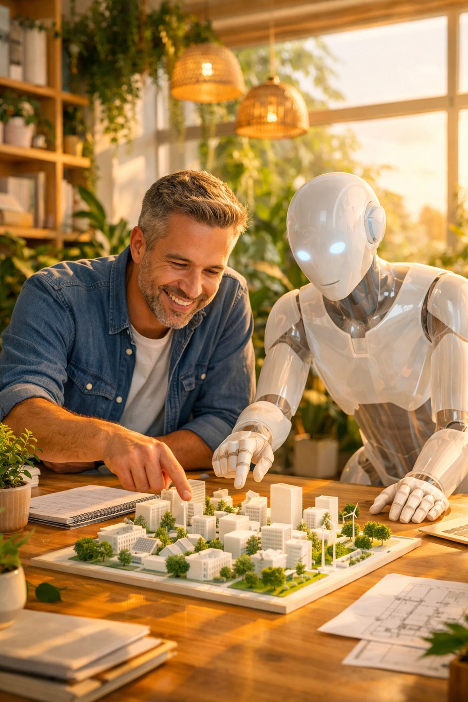 Architect and AI assistant collaborating on sustainable city designs in a bright, modern office.
