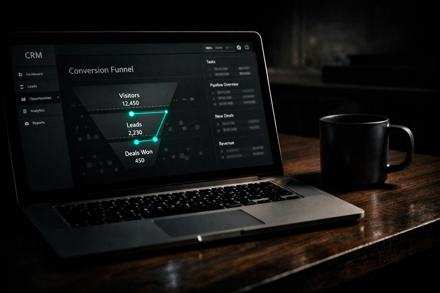 A dark-themed CRM dashboard on a laptop screen tracking remote SDR pipeline performance and lead conversion.