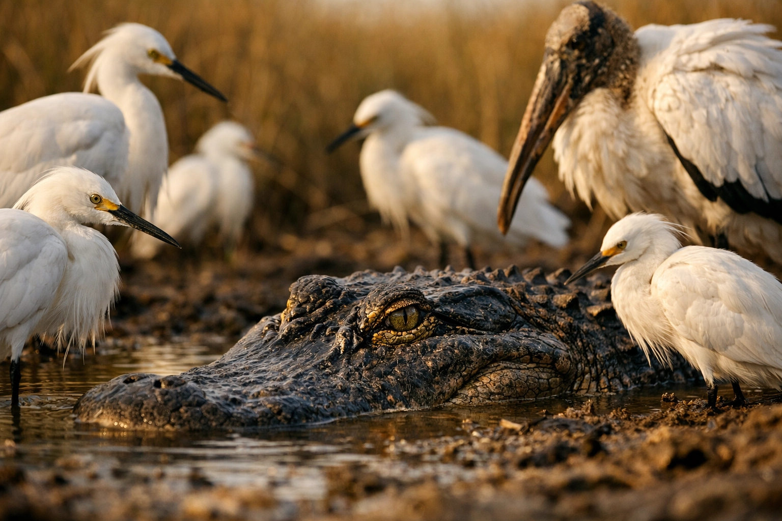 Alligator and wading birds at a water hole during the Everglades dry season.
