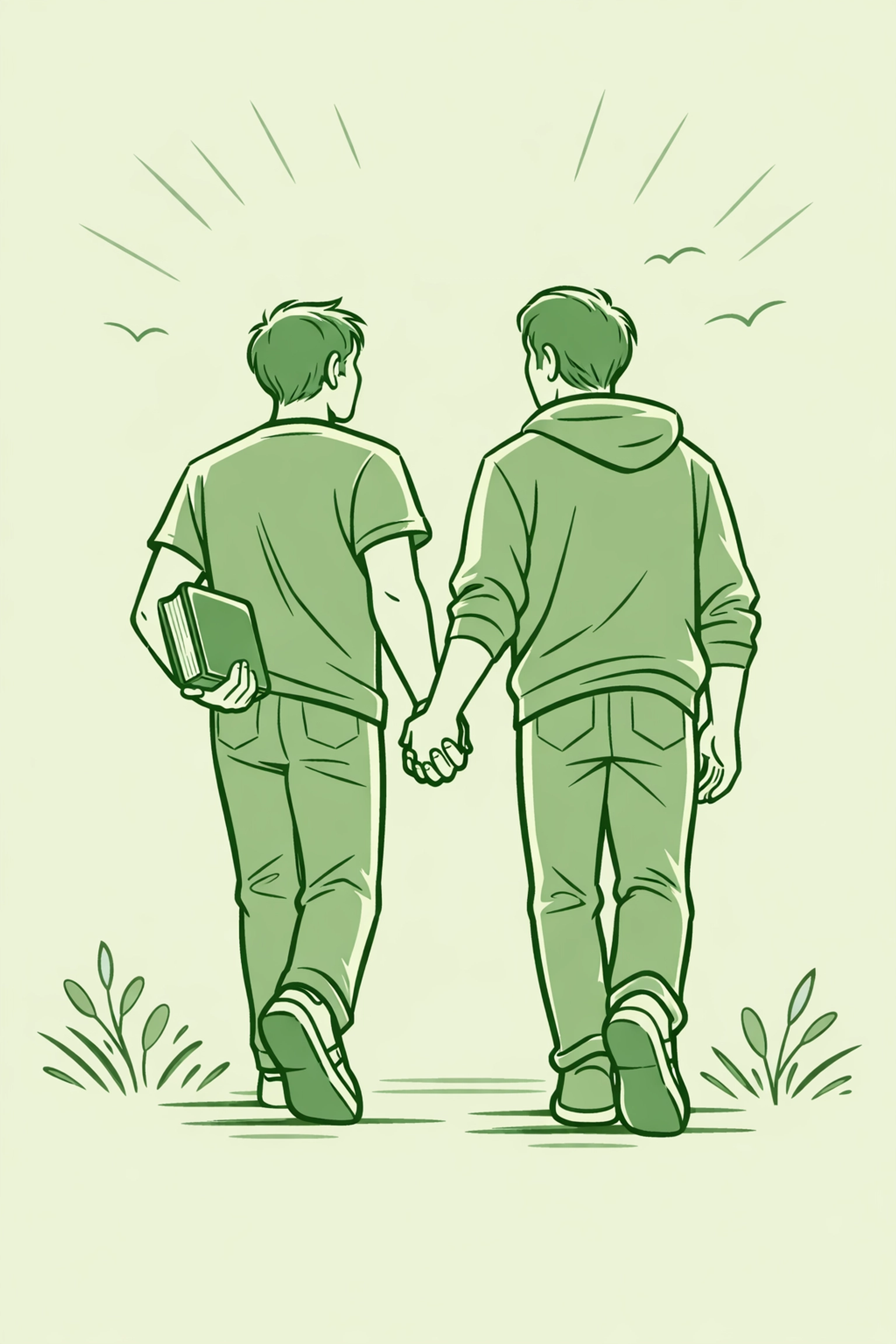 A gay couple walks together holding a book in a green minimalist sketch for Read with Pride.