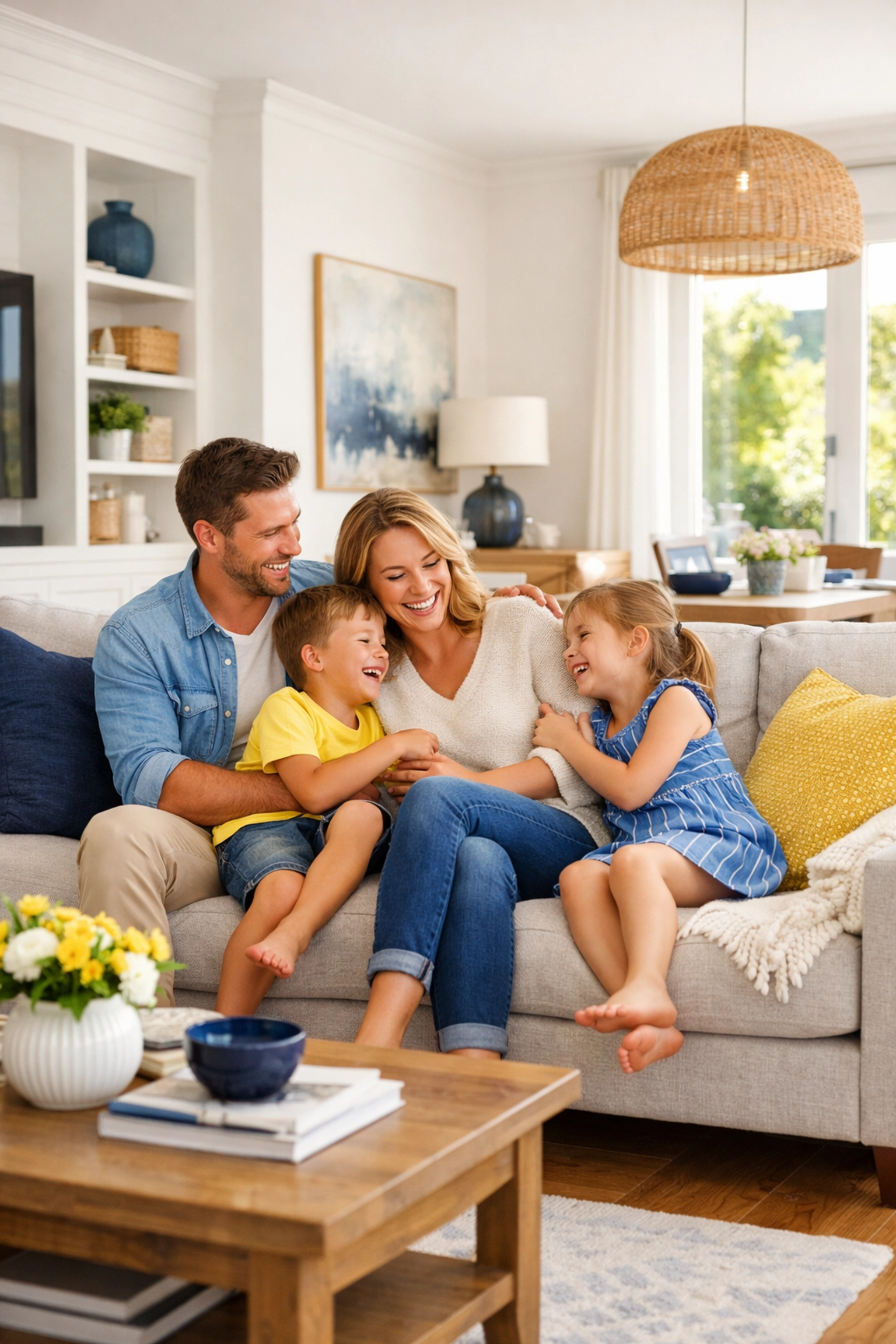 A happy family relaxing in a clean Westford living room after professional house cleaning.