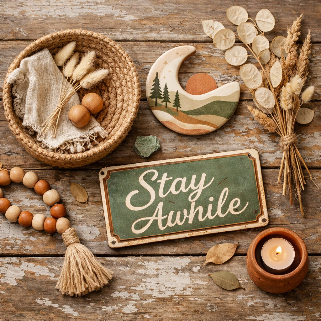 Curated collection of handcrafted home decor including woven basket and artisan pieces