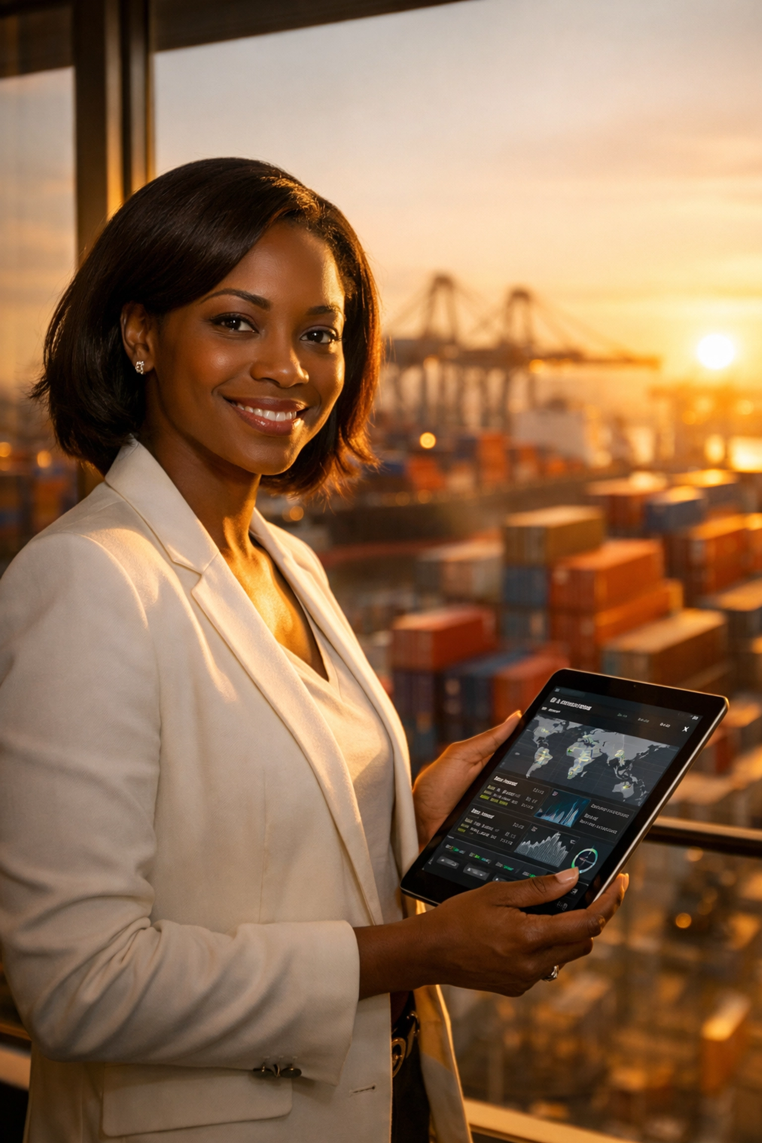 Logistics professional monitoring container shipments with digital tracking tablet at port