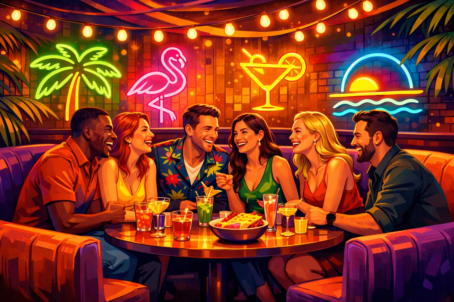 Group of friends enjoying a double date at a trendy bar with colorful atmosphere