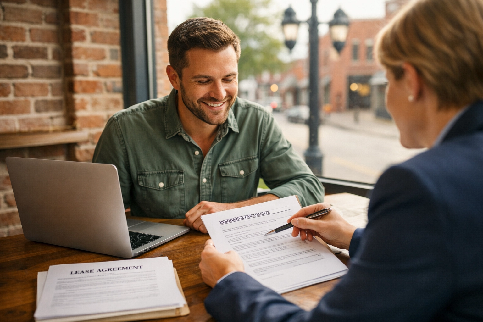 Business owner and insurance agent reviewing commercial insurance options for a new Cleveland storefront.