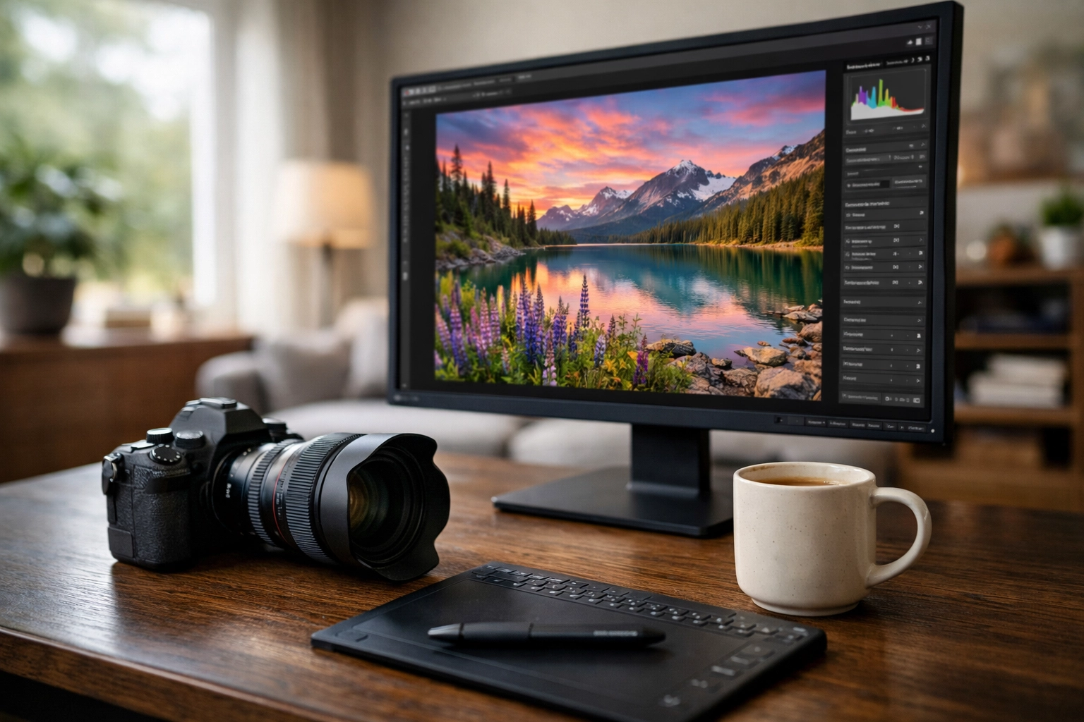 Modern photographer workspace with a monitor and camera, showcasing a professional editing workflow.