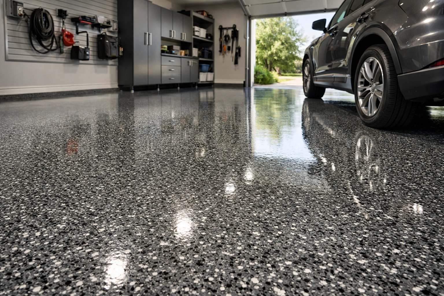 Polyaspartic garage floor coating in Flowood MS home with glossy finish and decorative flakes