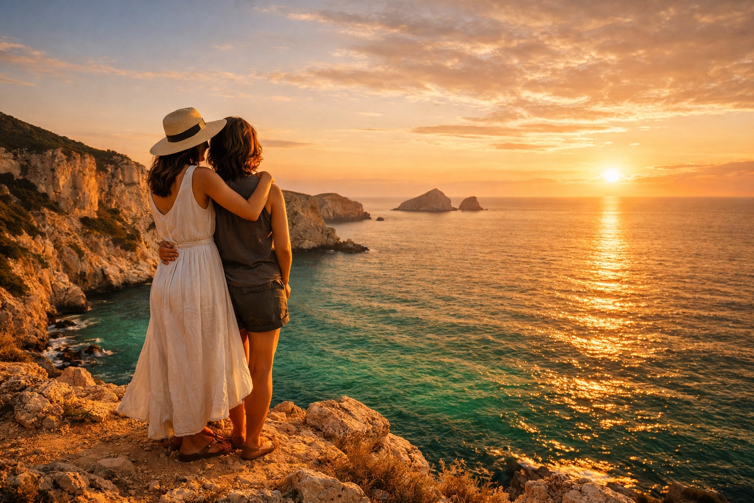 A romantic lesbian couple embracing on a Sardinia cliffside at sunset during an Italian Mediterranean holiday.