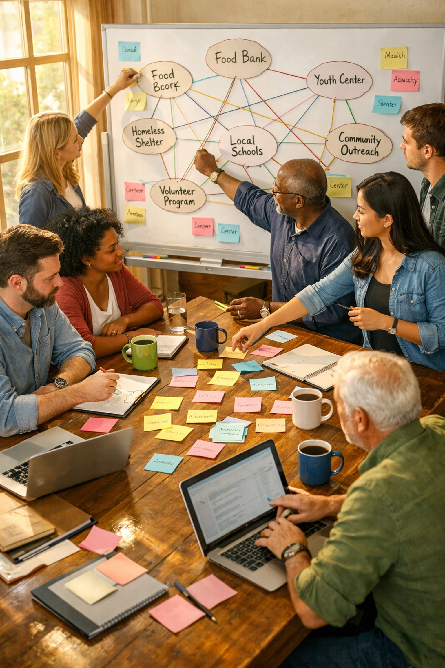 Nonprofit team collaboratively planning partnership strategy with sticky notes and whiteboard connections