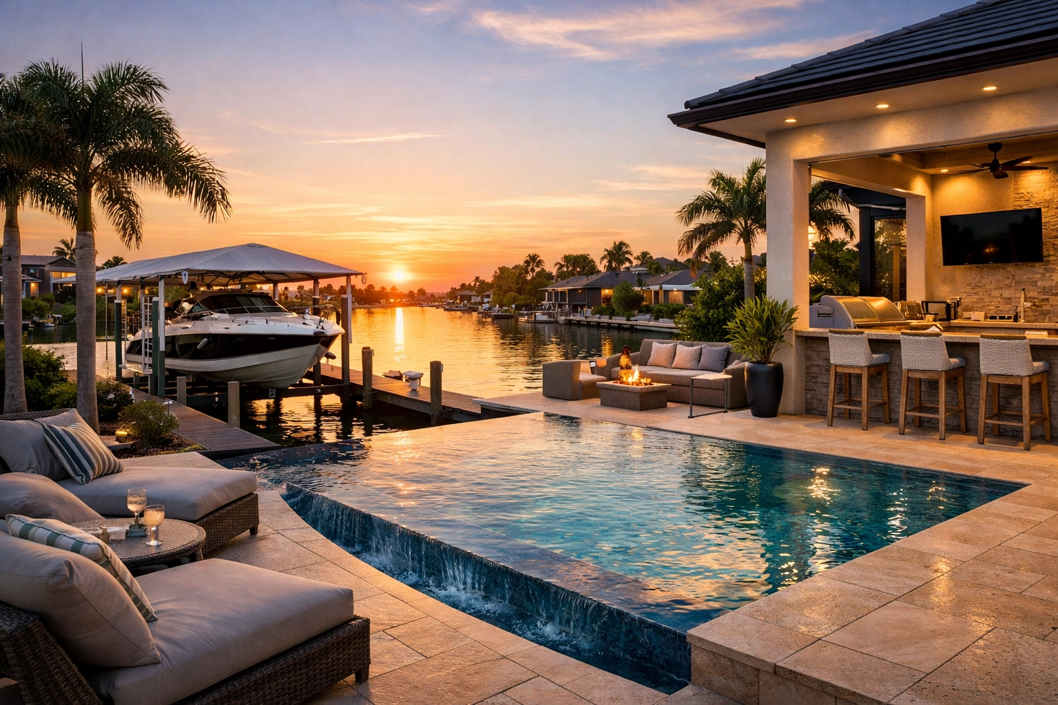 Luxury Cape Coral waterfront home with a private infinity pool and boat lift on a gulf access canal.