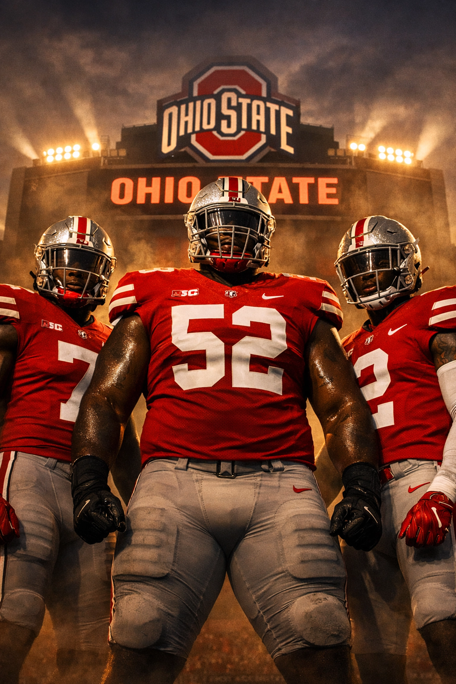 Ohio State defensive players in championship stance with stadium lights behind them