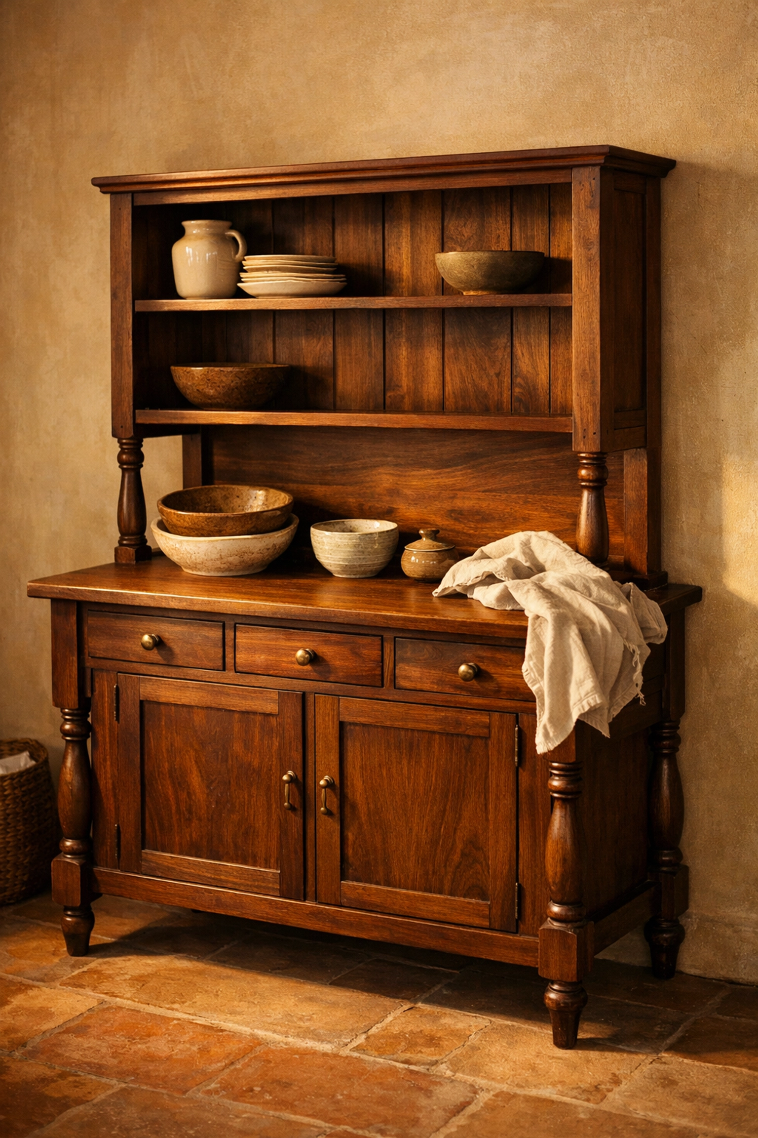Freestanding dark walnut kitchen hutch for a soulful and unique kitchen remodeling Bay Village project.