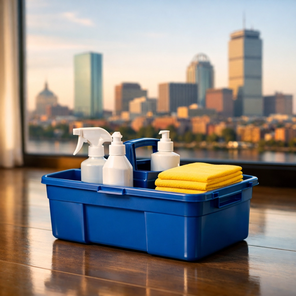 Professional eco-friendly cleaning supplies and equipment for a Boston apartment move-out service.
