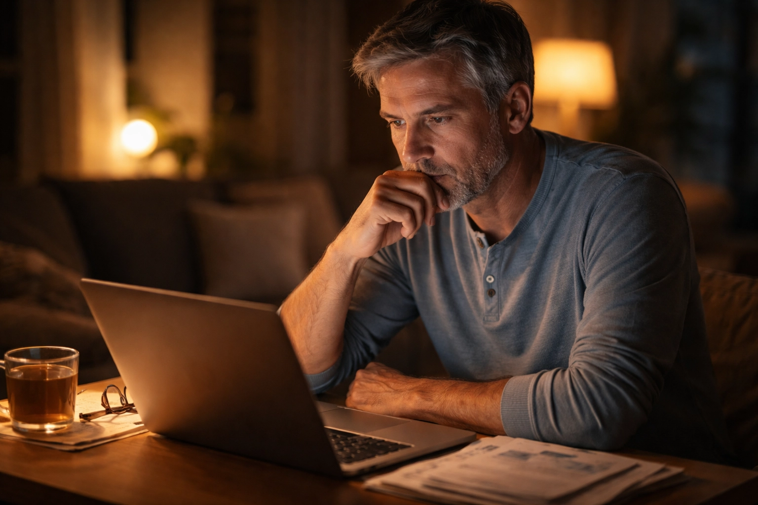 Középkorú férfi ül éjszaka magányosan az íróasztalnál, merevedési zavar önkezelését keresve online.