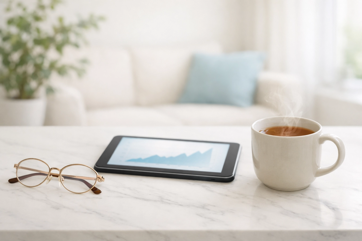 Tablet and glasses representing clear financial planning for senior living costs in Sarasota.