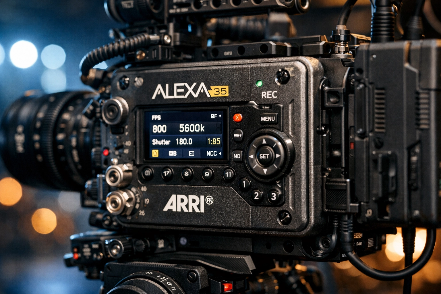 Professional ARRI ALEXA 35 cinema camera rig showing latest firmware updates on a production set.