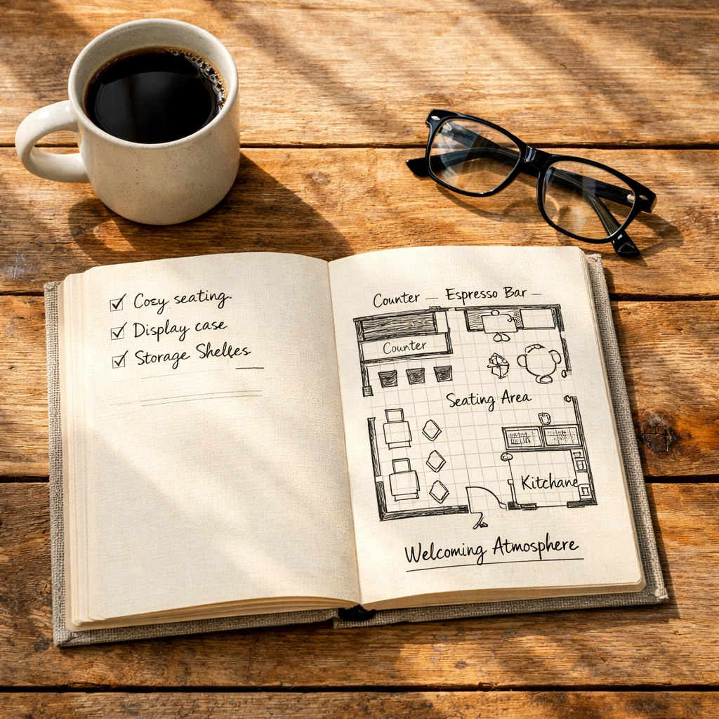 Planning a coffee shop layout with a hand-drawn floor plan in a notebook and a fresh cup of coffee.