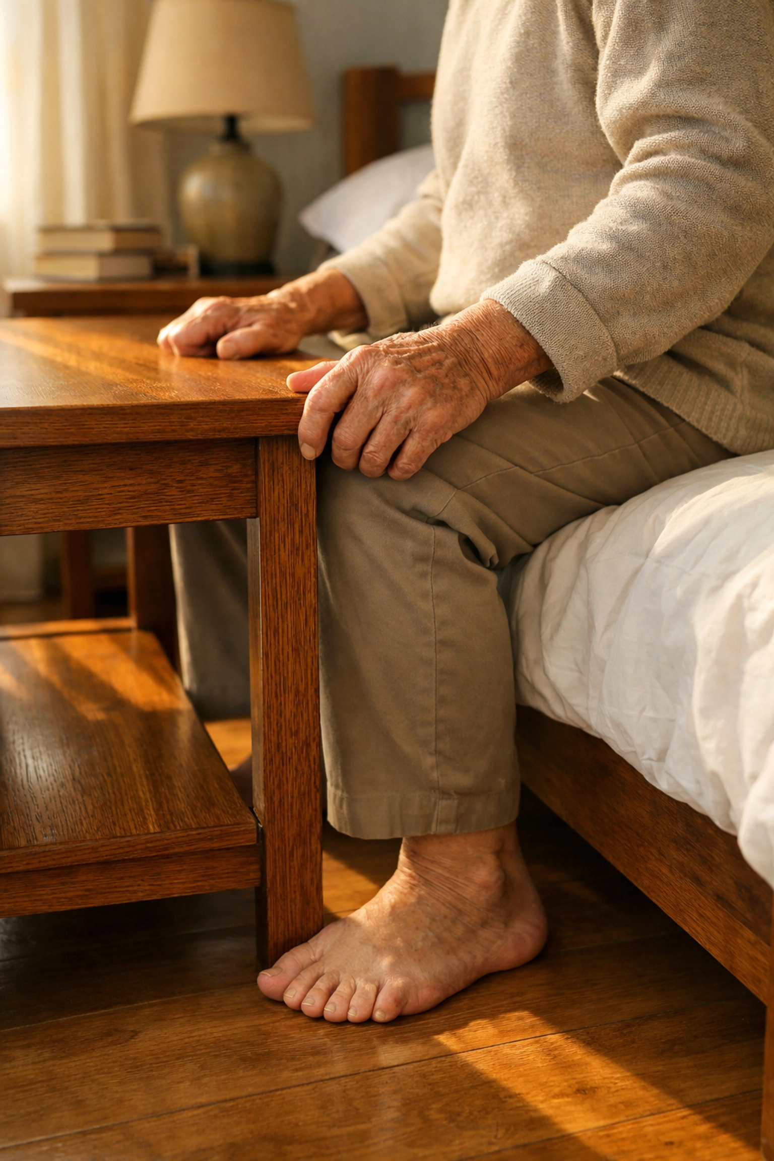 Senior sitting safely on bed edge with feet flat on floor demonstrating proper technique