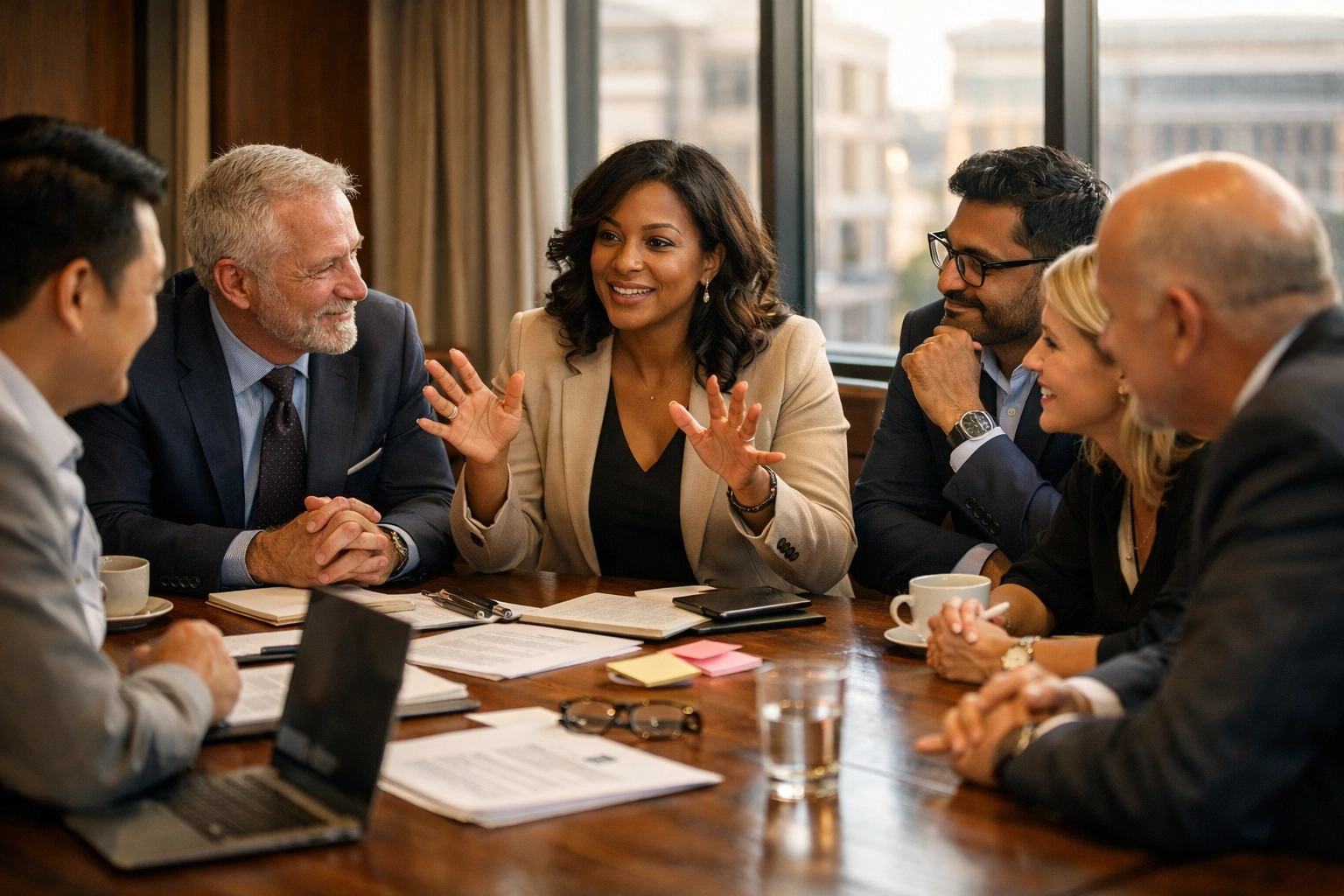 Diverse leadership team collaborating in a professional boardroom to build a hospitality-focused culture.