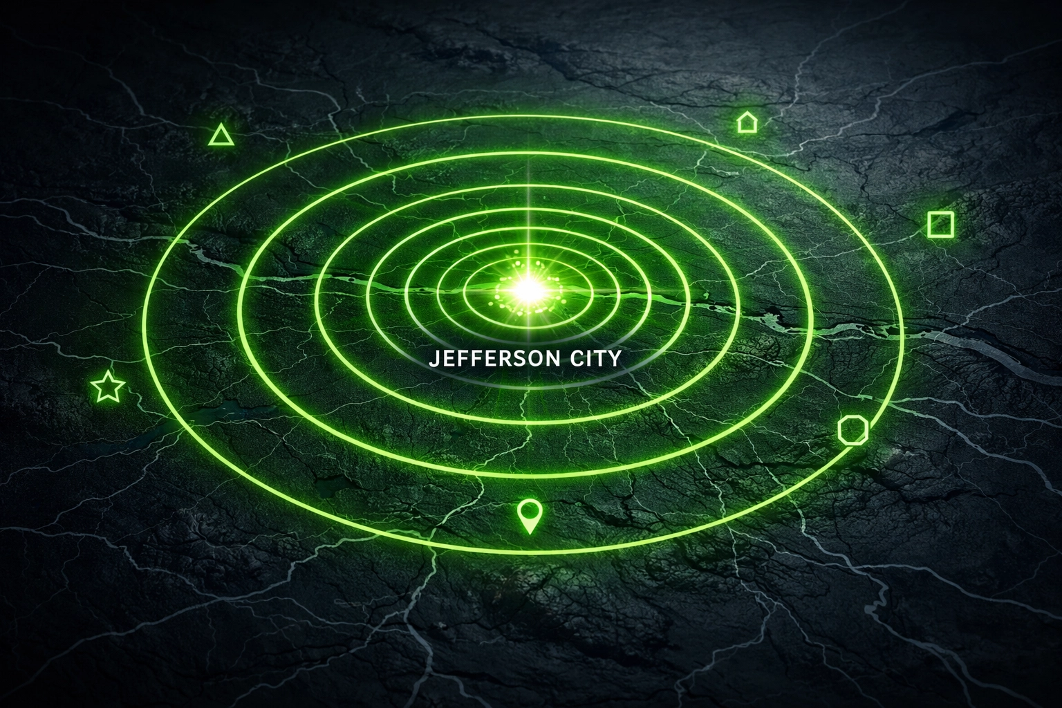 Jefferson City Missouri map highlighting the 30-mile dental service radius coverage.