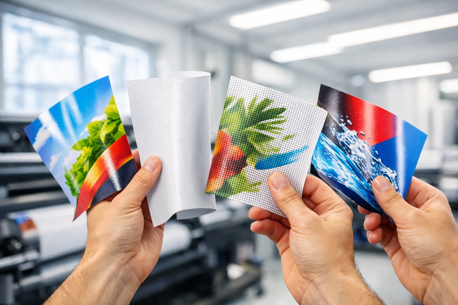 Customer examining vinyl banner material samples at Kona sign shop before printing custom signs