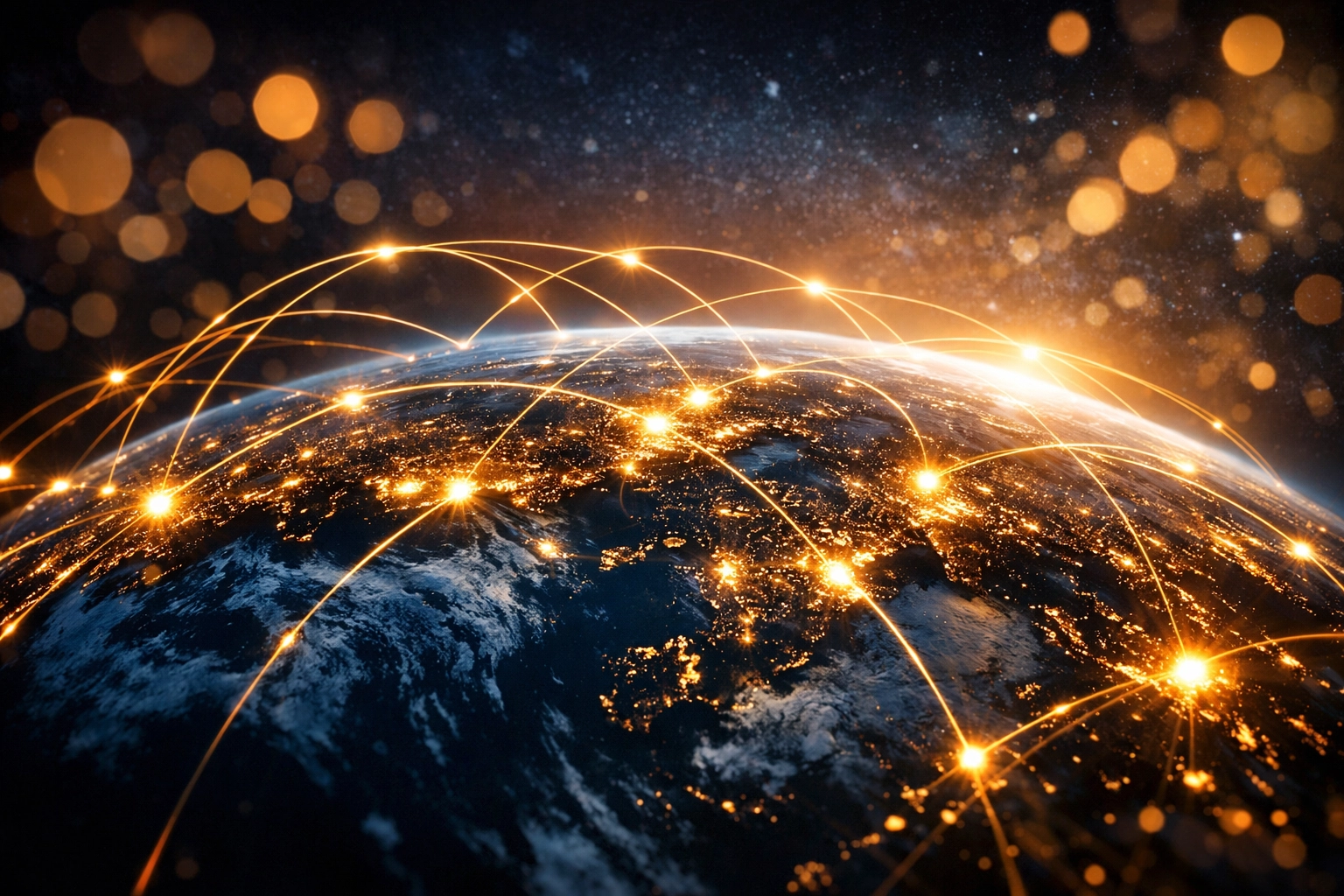 Global network of light connecting continents representing digital gospel spreading worldwide