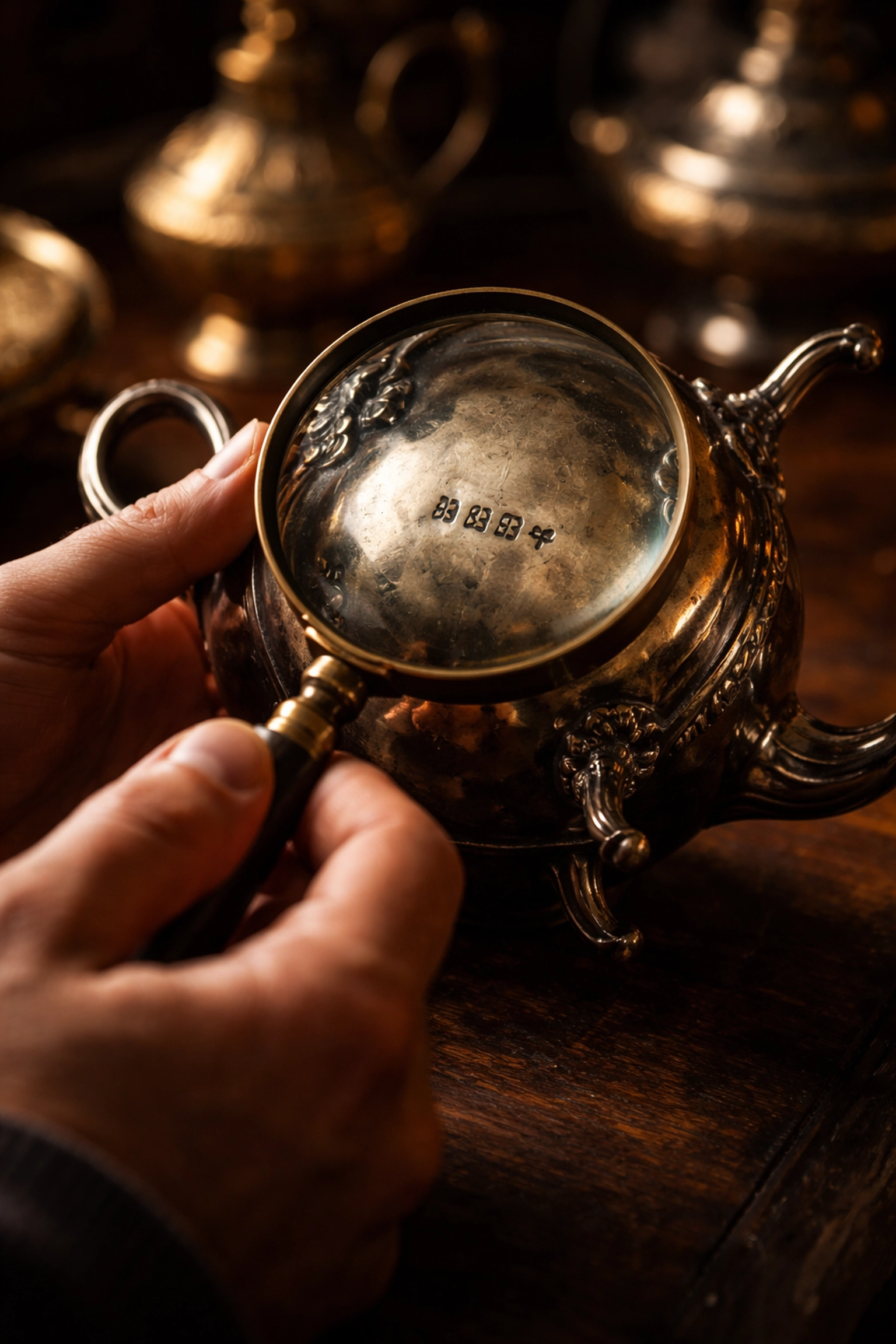 Hands examine antique silver teapot with magnifying glass for hallmarks, highlighting how to spot valuable antiques