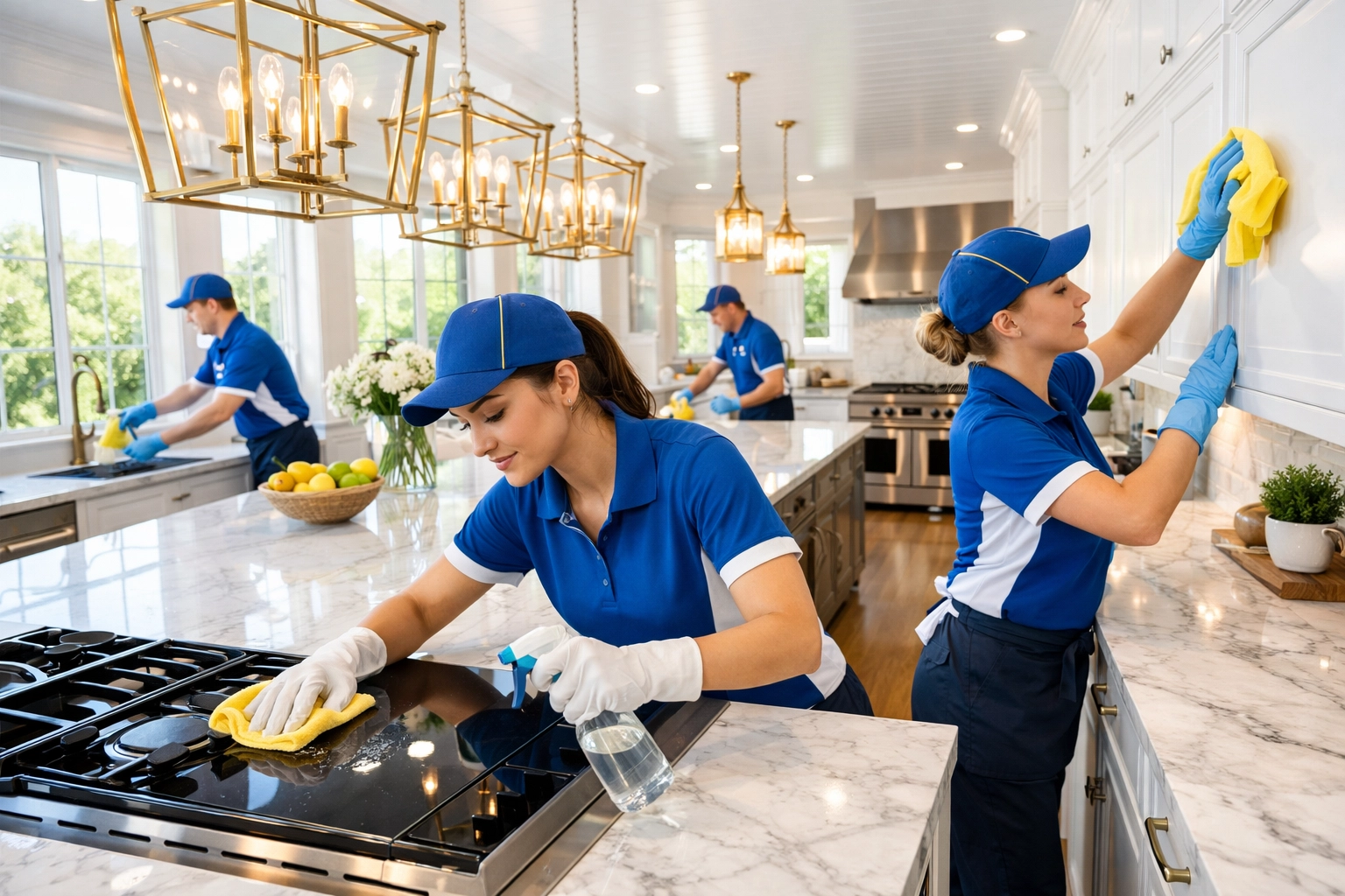 Professional cleaning team performing luxury residential cleaning Massachusetts in a high-end Dover kitchen.