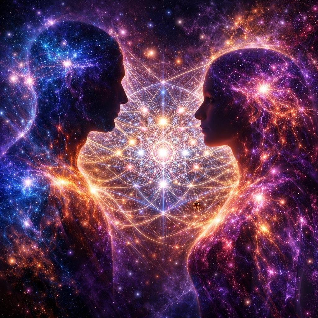 Two figures connected by glowing energy fractals representing co-regulation and relationship healing.