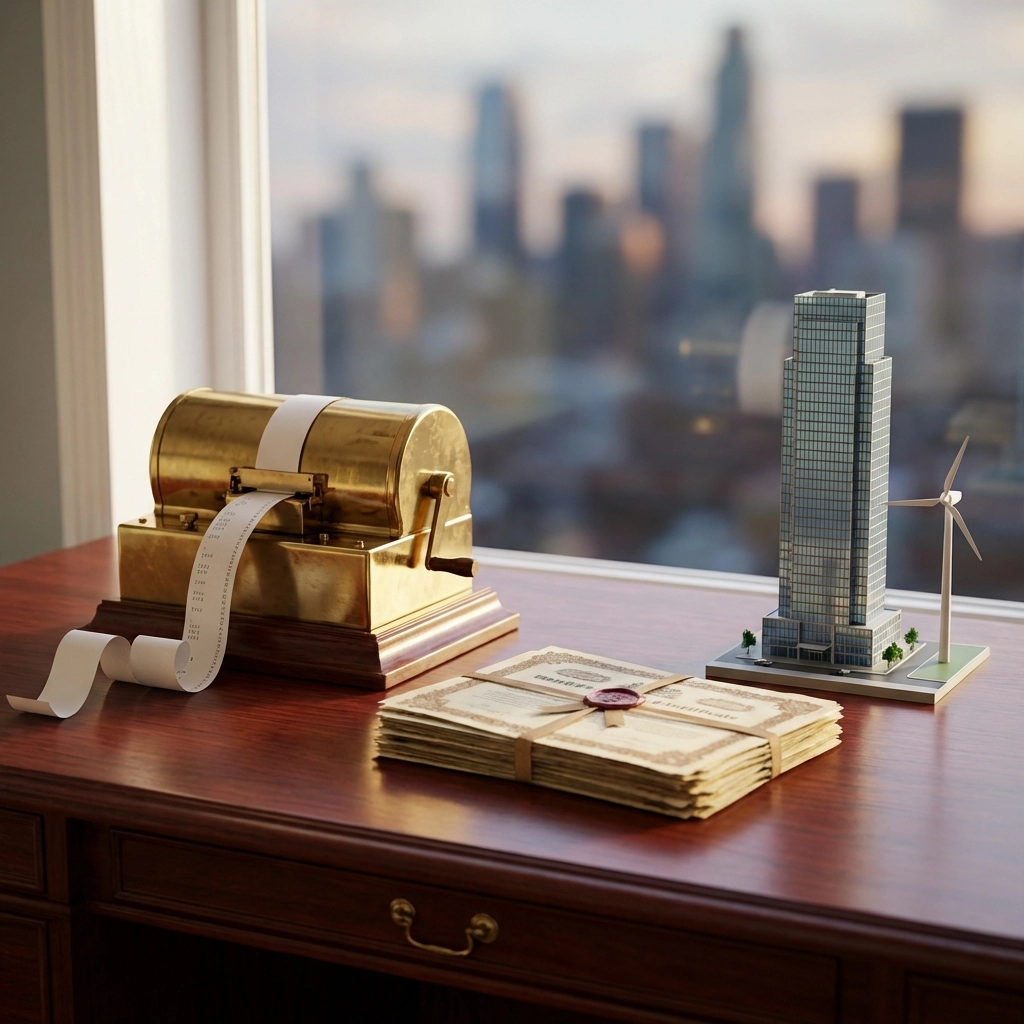 Still life with a stock ticker, bond certificates, and a skyscraper with wind turbine, highlighting the variety of assets in a diversified investment portfolio.